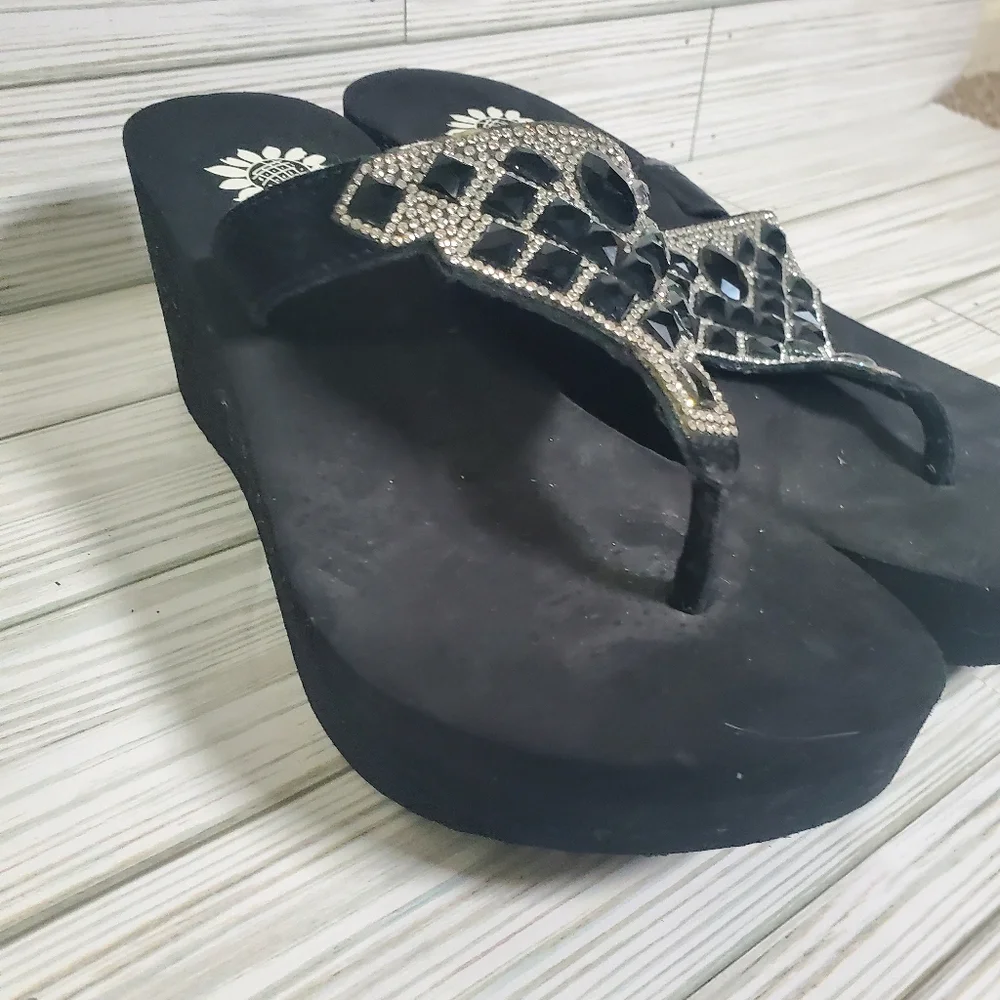 Yellow Box Black Sequin Gem Platform Wedge Womans‎ Sandals 6